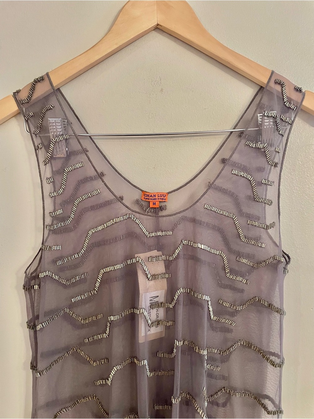 NWT- Chan Luu Silk Chiffon Embellished Beaded Overlay Dress Tunic Gray Medium - Picture 5 of 12